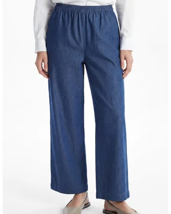 Pantaloni ampli din chambray cu talie elastica, Bleumarin