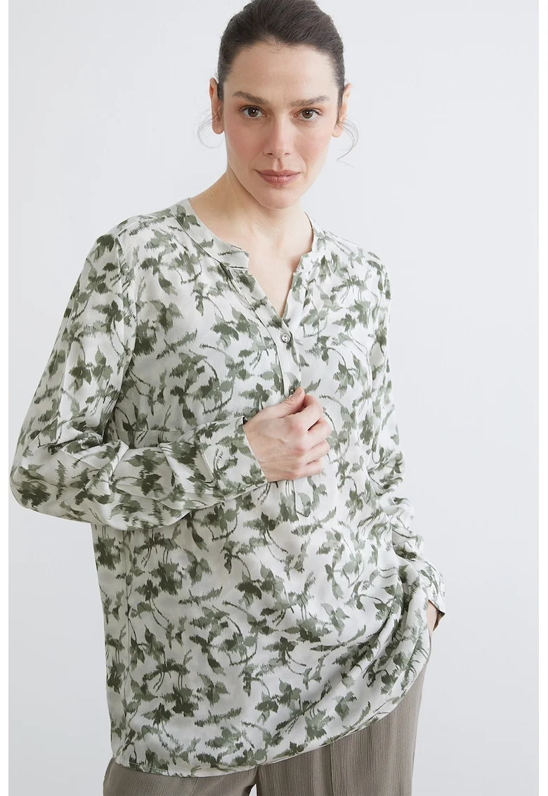 Bluza-tunica cu model floral, Verde inchis/Alb murdar