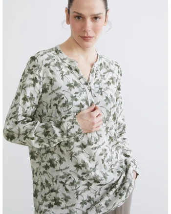 Bluza-tunica cu model floral, Verde inchis/Alb murdar
