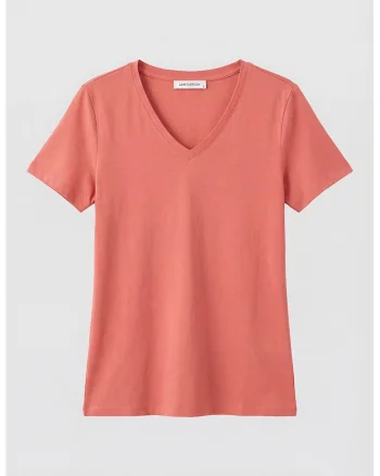 Tricou din amestec de bumbac cu decolteu in V, Roz somon