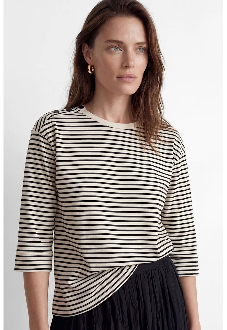 Tricou de bumbac cu decolteu la baza gatului, Negru/Bej