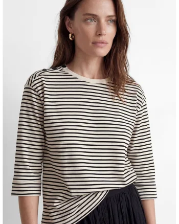 Tricou de bumbac cu decolteu la baza gatului, Negru/Bej
