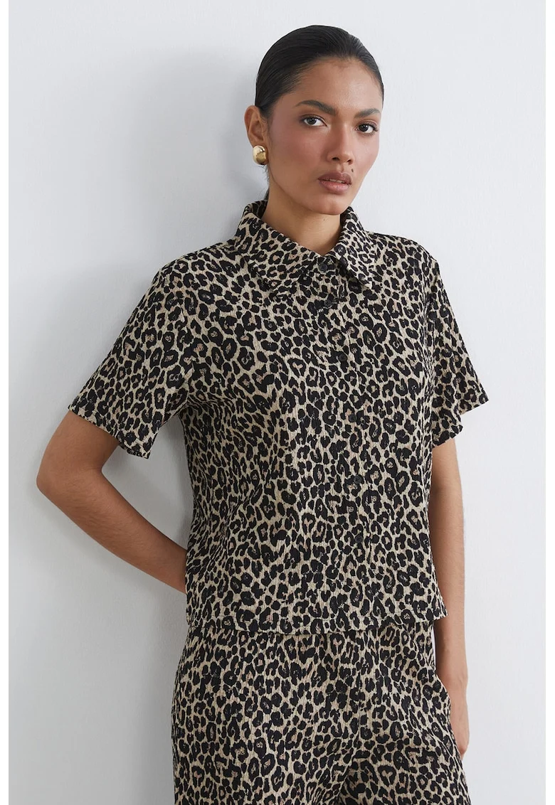 Camasa cu maneci scurte si model animal print, Maro inchis/Crem