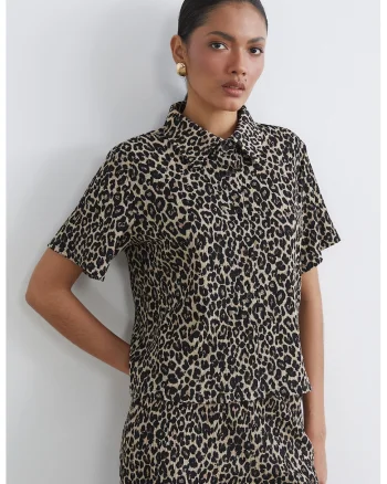 Camasa cu maneci scurte si model animal print, Maro inchis/Crem