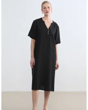 Rochie midi dreapta din amestec de in, Negru