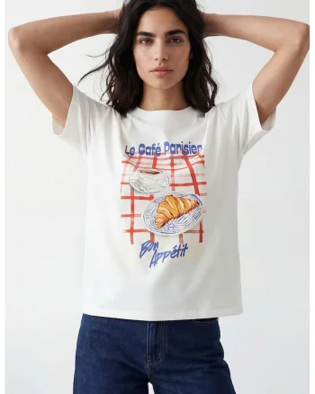Tricou cu decolteu la baza gatului si imprimeu grafic, Alb