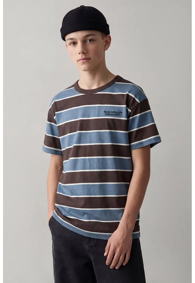 Tricou cu decolteu la baza gatului si model in dungi, Maro/Albastru