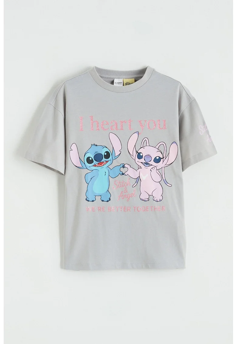 Tricou din bumbac cu imprimeu cu Stitch, Gri deschis