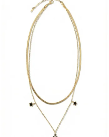 Colier cu siraguri multiple si placat cu aur de 18K, decorat cu pandantive stea, Auriu/Negru