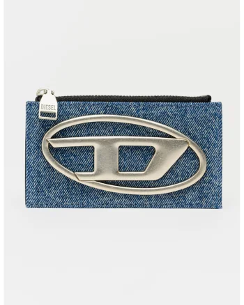 Portofel din piele si denim cu logo, Albastru prafuit