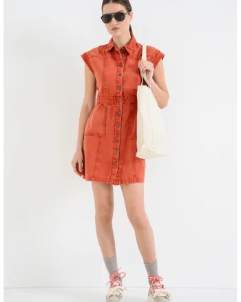 Rochie mini din denim cu buzunare Jado, Rosu stins