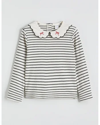 Bluza cu guler Peter-Pan si dungi, Alb/Negru