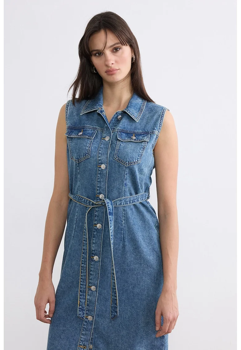 Rochie midi de denim, Albastru melange