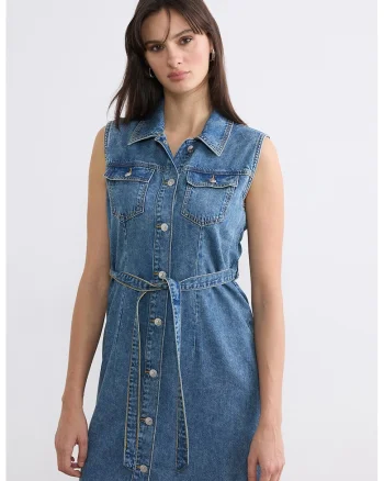Rochie midi de denim, Albastru melange