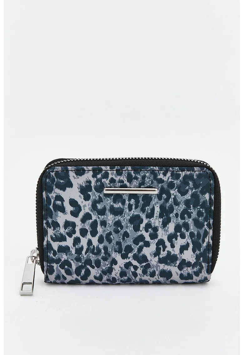 Portofel cu animal print si fermoar, Gri deschis/Albastru gentian