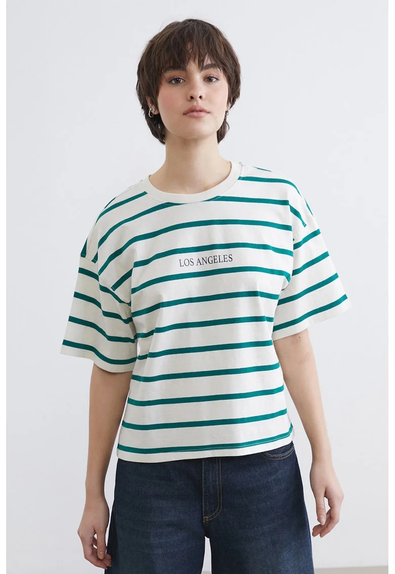 Tricou supradimensionat in dungi, Alb/Verde smarald