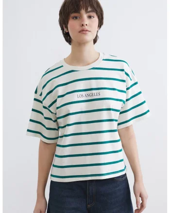 Tricou supradimensionat in dungi, Alb/Verde smarald
