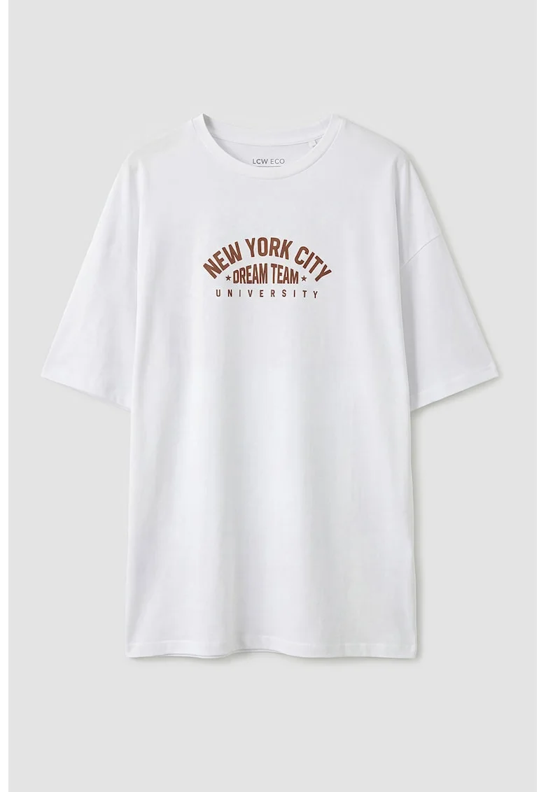 Tricou cu imprimeu si maneci cazute, Maro/Alb optic