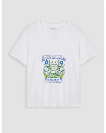 Tricou cu decolteu in V si imprimeu grafic si text, Verde/Galben/Alb optic