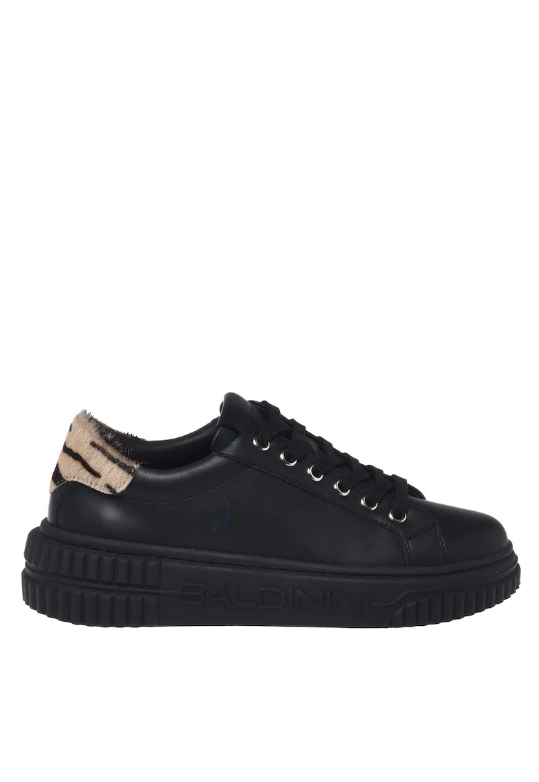 Pantofi sport din piele cu detaliu din par de cal, Negru