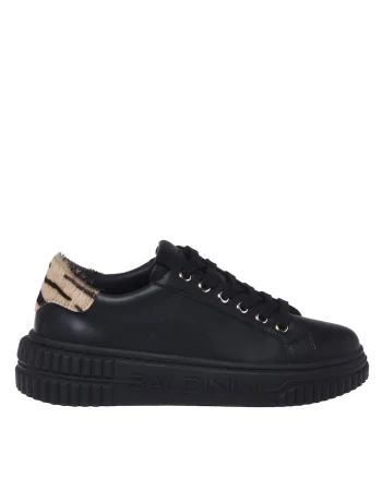 Pantofi sport din piele cu detaliu din par de cal, Negru