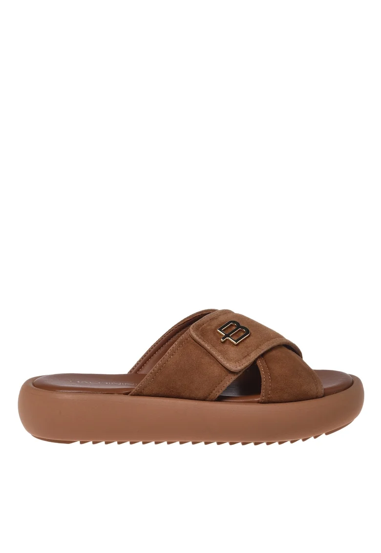 Papuci flatform din piele intoarsa, Maro