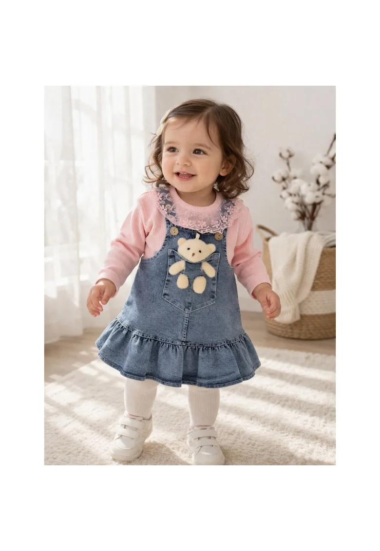 Rochita bebe fetita denim cu bluza din bumbac si aplicatie ursulet