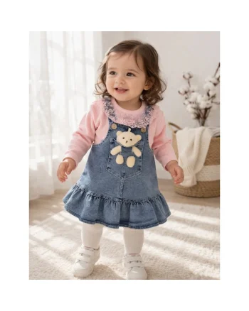 Rochita bebe fetita denim cu bluza din bumbac si aplicatie ursulet