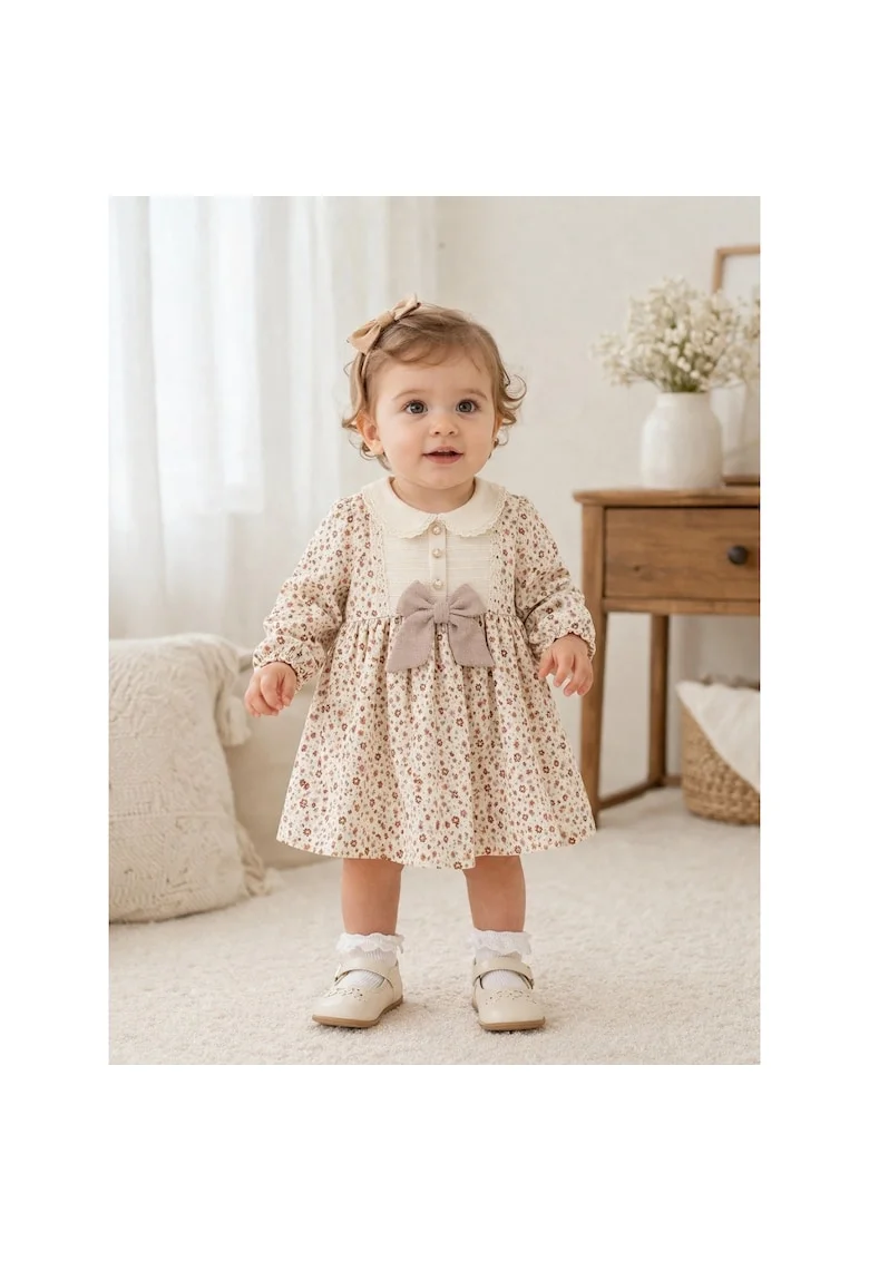 Rochie bebe fetita eleganta florala cu guler si fundita