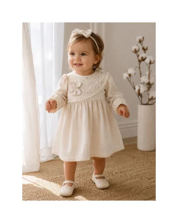 Rochita bebe fetita cu bentita din muselina eleganta crem