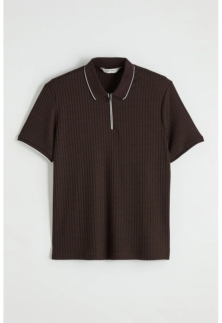 Tricou polo regular fit cu fenta scurta cu fermoar, Maro inchis
