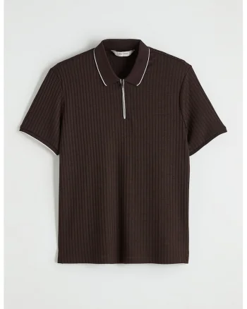 Tricou polo regular fit cu fenta scurta cu fermoar, Maro inchis
