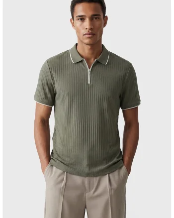 Tricou polo regular fit cu fenta scurta cu fermoar, Kaki