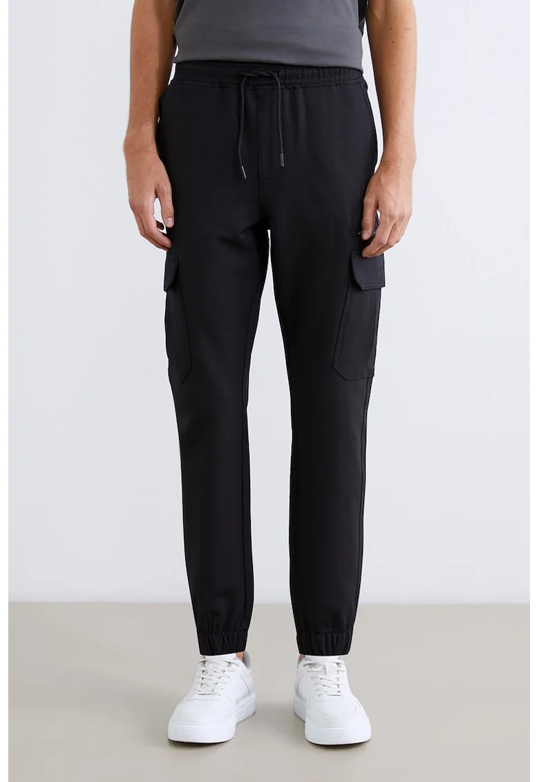 Pantaloni cargo slim fit cu terminatii elastice, Negru