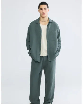 Pantaloni de bumbac cu croiala ampla si snur, Verde englez