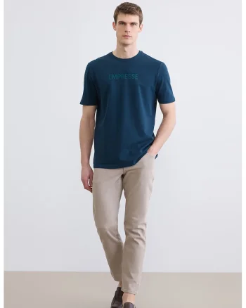 Tricou de bumbac cu decolteu la baza gatului, Albastru petrol