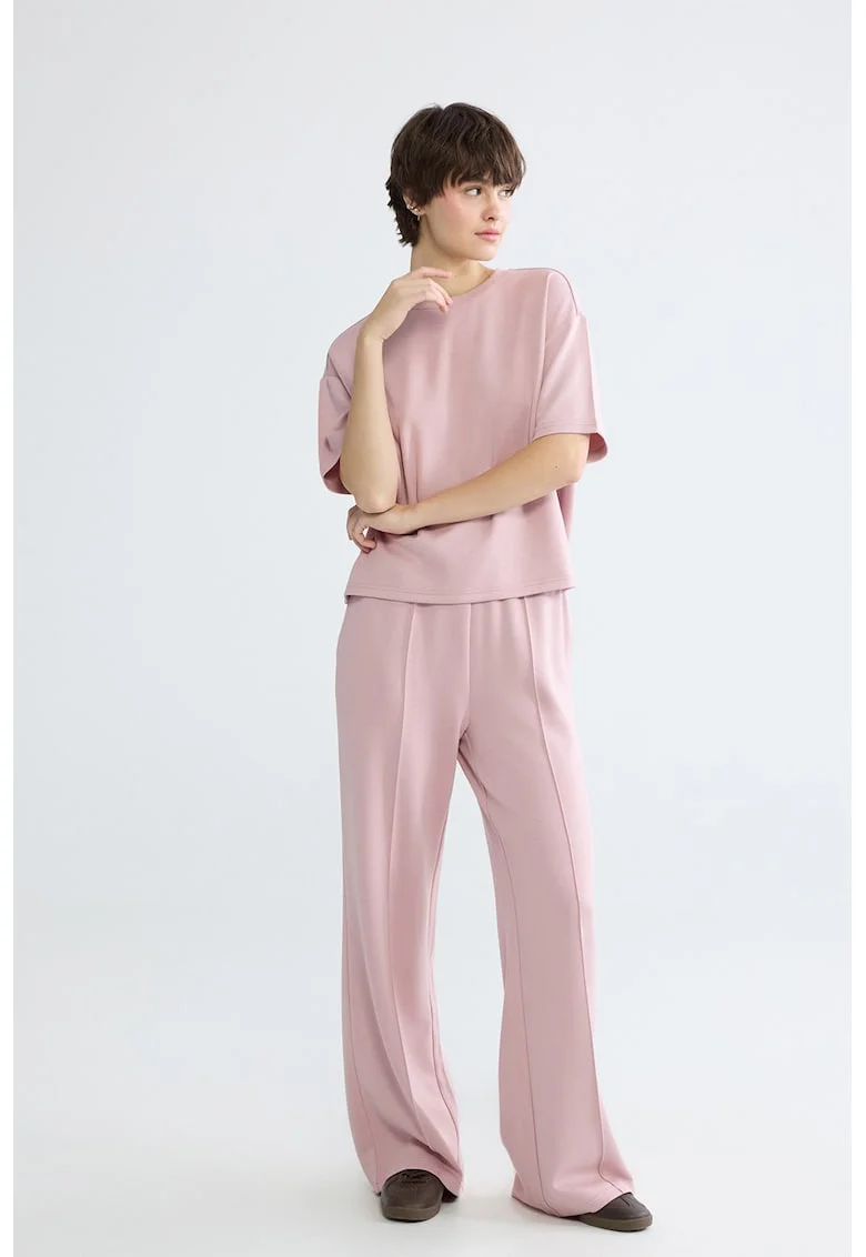 Pantaloni de trening cu croiala ampla si detaliu cu pensa, Roz prafuit