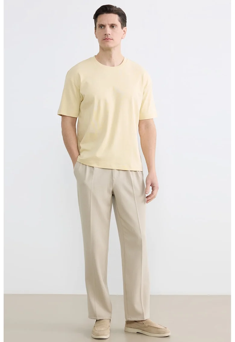 Tricou din bumbac cu decolteu la baza gatului, Galben pal