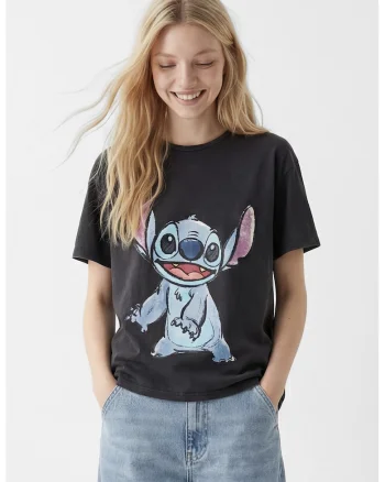 Tricou de bumbac cu imprimeu Stitch, Negru stins/Albastru