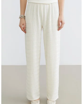 Pantaloni texturati cu croiala ampla, Alb murdar