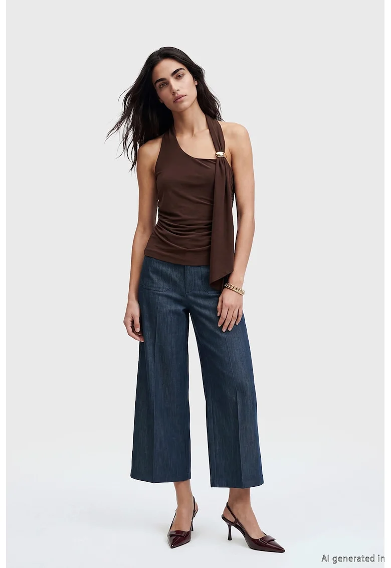 Pantaloni crop cu croiala ampla, Bleumarin