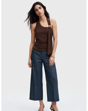Pantaloni crop cu croiala ampla, Bleumarin