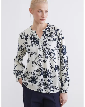 Camasa lejera cu model floral, Albastru ultramarin/Alb optic