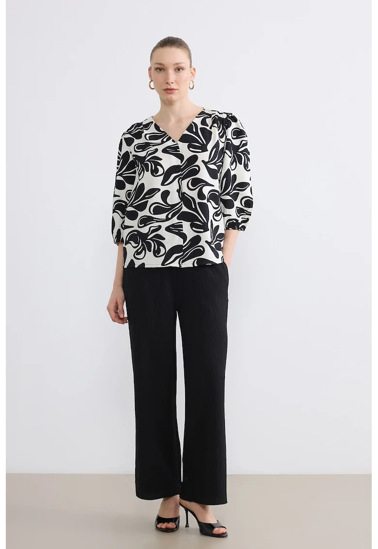 Bluza cu model si maneci bufante, Alb/Negru