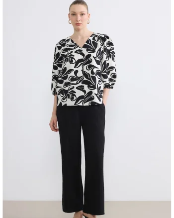 Bluza cu model si maneci bufante, Alb/Negru