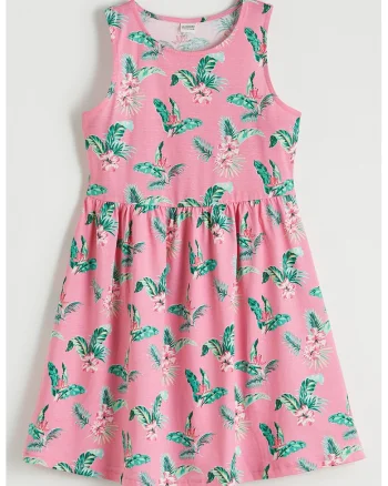 Rochie evazata fara maneci din bumbac, Roz aprins/Verde aquamarin