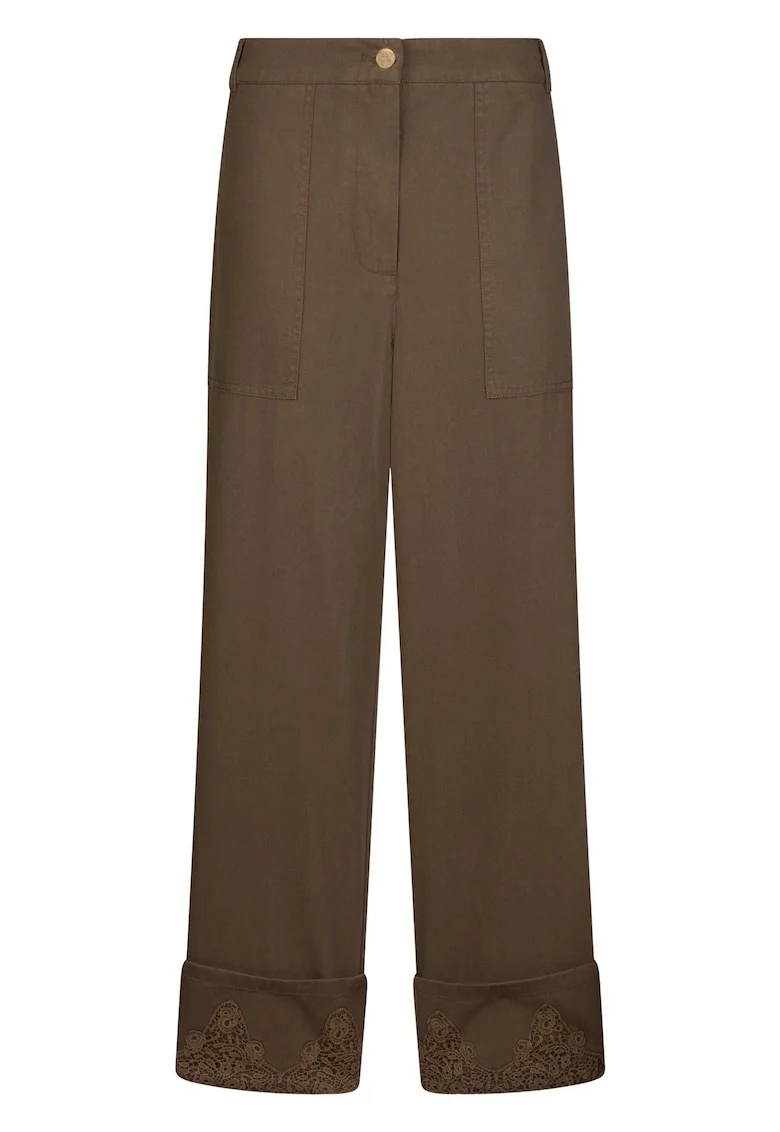 Pantaloni cu croiala ampla, margini rasucite si aplicatii de strasuri, Verde masliniu