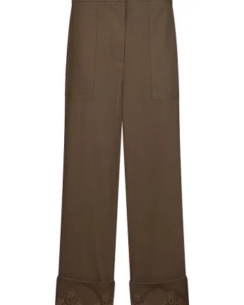Pantaloni cu croiala ampla, margini rasucite si aplicatii de strasuri, Verde masliniu