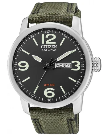 Ceas cu o curea din material textil Eco-Drive, Verde militar