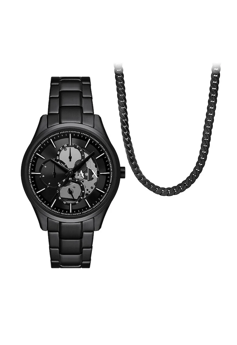 Set de ceas quartz si lant, Negru